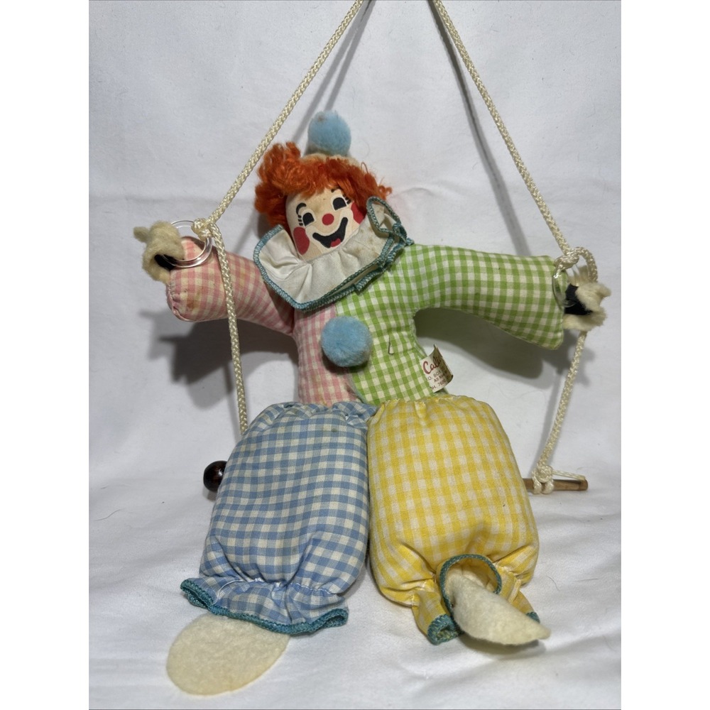 VTG 70's Happy CLOWN ON SWING/Trapeze Calico‎ Critters 18" Pastels MADE IN USA